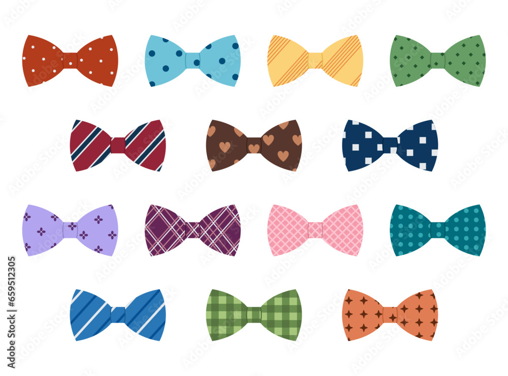 Set of colored man bow ties with different patterns. Butterfly neck tie collection for business or party. Accessories for man suits. Vector flat illustration isolated on white background