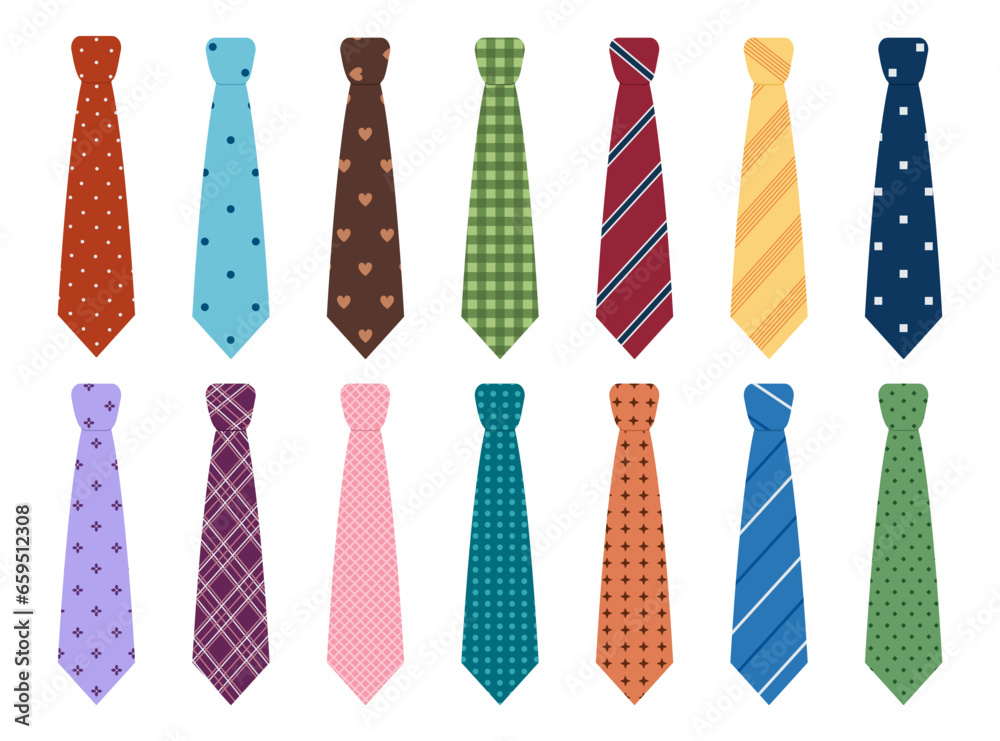 Set of colored man ties with different patterns. Neck tie collection for business or party. Accessories for man suits. Vector flat illustration isolated on white background