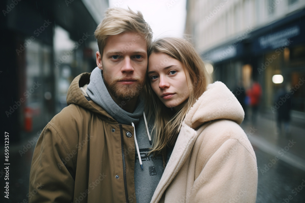 Young romantic couple hugging and walk on the streets of Berlin, Generative ai Young romantic couple hugging and walk on the streets of Berlin, Generative ai