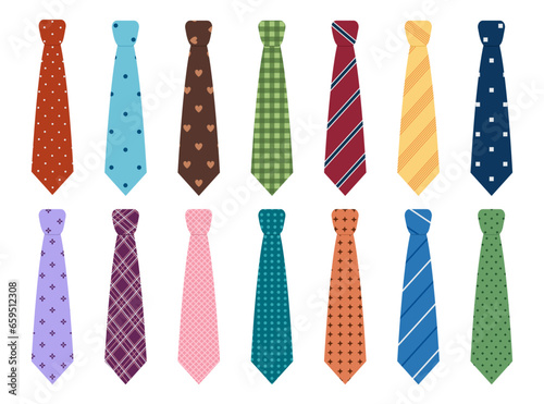 Set of colored man ties with different patterns. Neck tie collection for business or party. Accessories for man suits. Vector flat illustration isolated on white background
