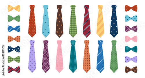 Set of colored man ties and bow ties with different patterns. Neck tie collection for business or party. Accessories for man suits. Vector flat illustration isolated on white background photo