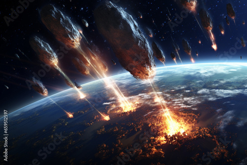 Meteors shine as they enter the earth's atmosphere, a very realistic 3d rendering element