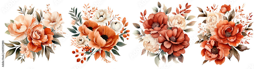 Watercolor Terracotta Floral clipart , Watercolor collection of hand drawn flowers , Botanical plant ,cut out transparent isolated on white background ,PNG file ,artwork graphic design illustration. - obrazy, fototapety, plakaty 