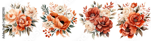 Fotografiet Watercolor Terracotta Floral clipart , Watercolor collection of hand drawn flowers , Botanical plant ,cut out transparent isolated on white background ,PNG file ,artwork graphic design illustration