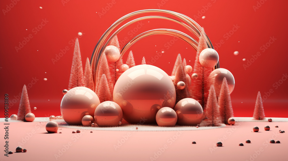 3d render of Christmas abstract background with red and gold christmas balls, baubles and Christmas trees. AI generative.