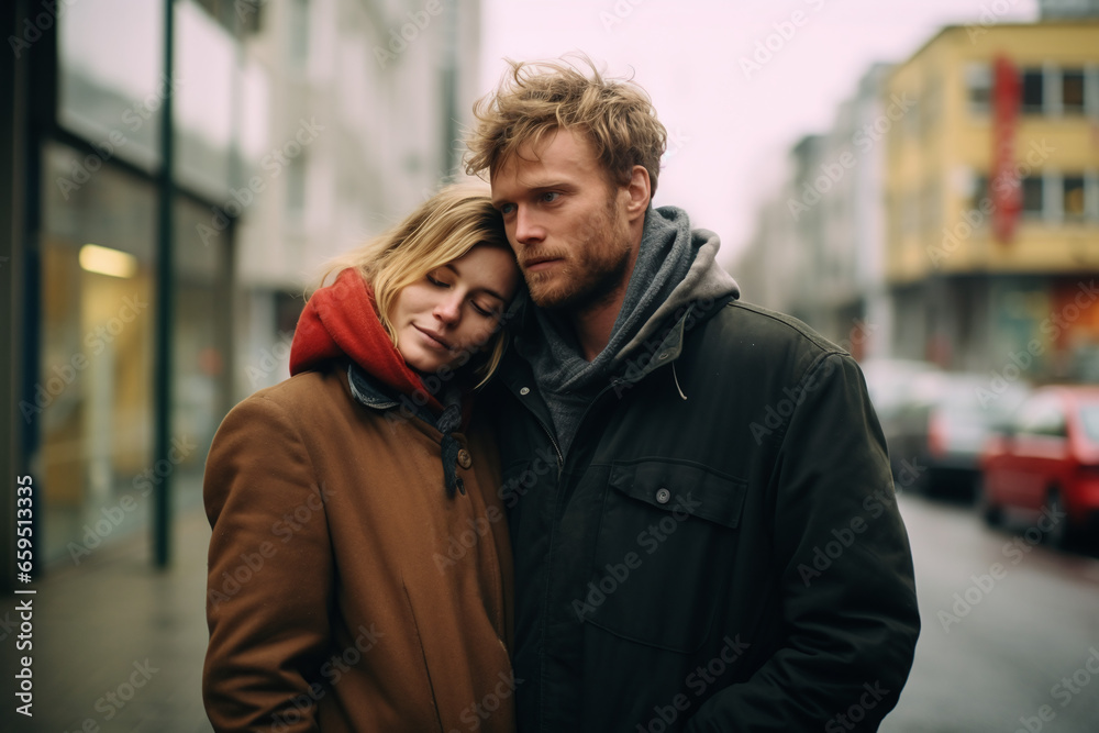 Young romantic couple hugging and walk on the streets of Berlin, Generative ai Young romantic couple hugging and walk on the streets of Berlin, Generative ai