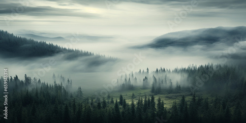 Foggy landscape with tir forest Background