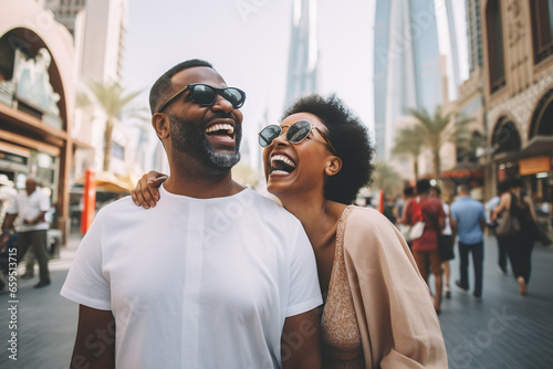 Beautiful couple in sunglasses laughs happily and walks through the streets of Dubai