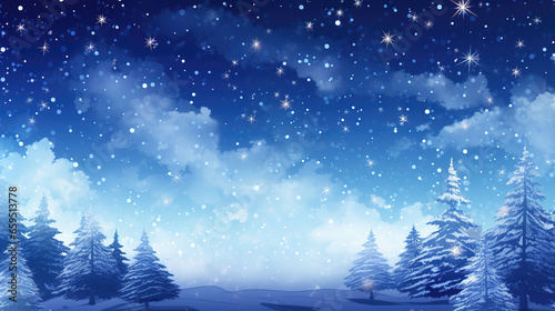 beautiful simple winter landscape with trees full of snow, anime wallpaper, ai generated image © Sternfahrer