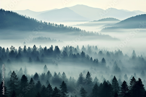 Foggy landscape with tir forest Background © Alicia