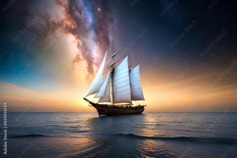 Fototapeta premium sailing ship at sunset