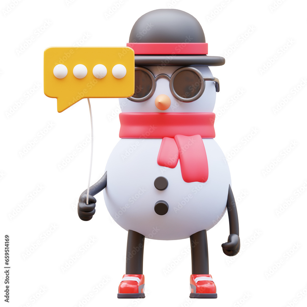 3D Snowman Character Holding Communication Balloon