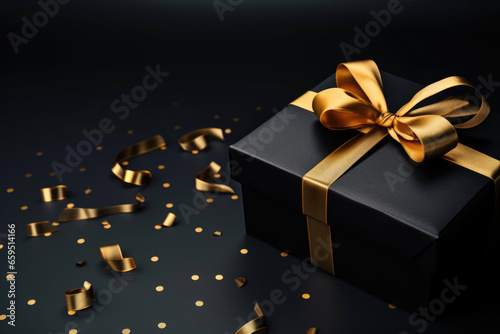 Black Friday concept, black gift boxes with ribbon on black background
