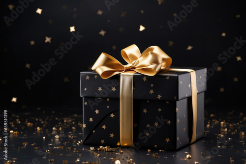 Black Friday concept, black gift boxes with ribbon on black background © Lana_M