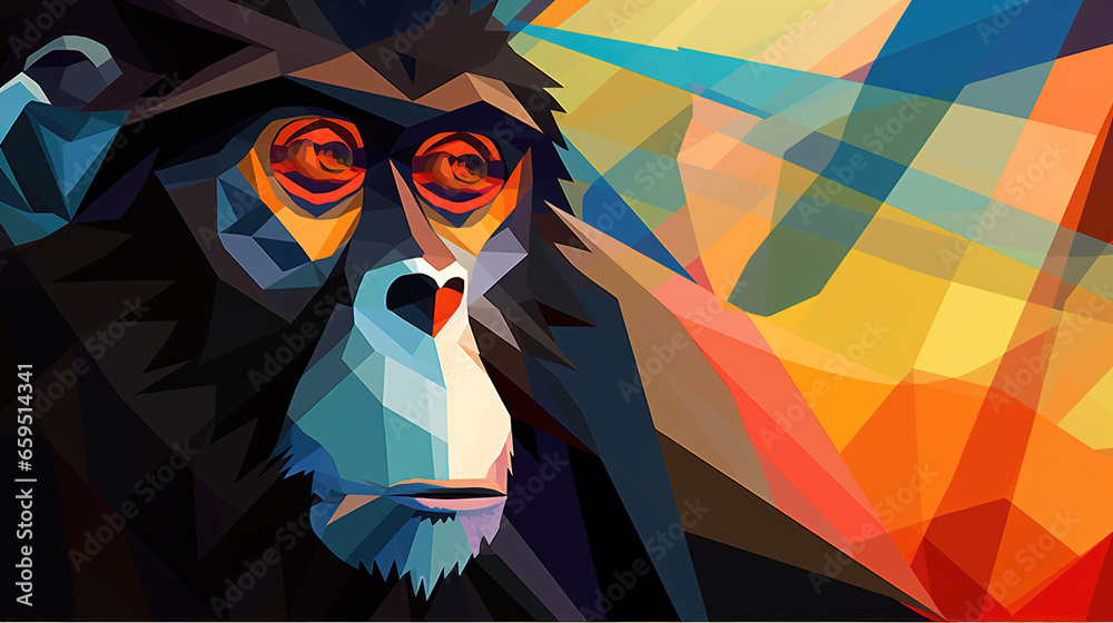 an intelligent sad looking ape face, geometrical modern abstract artwork, ai generated image