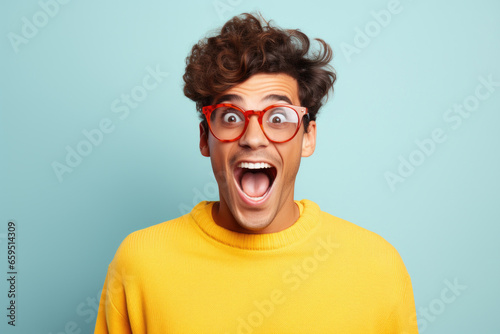 Close-up portrait of young man in colorful clothes and glasses with big eyes and open mouth expressing the emotion of shock or surprise