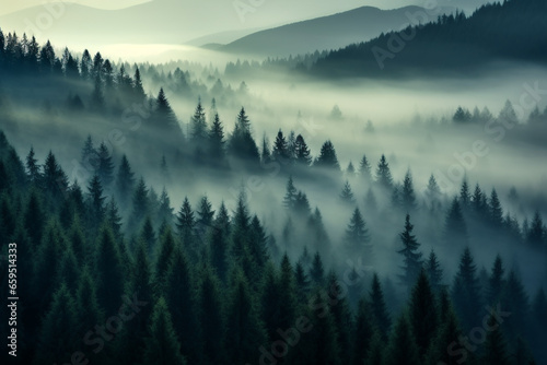 Foggy landscape with tir forest Background