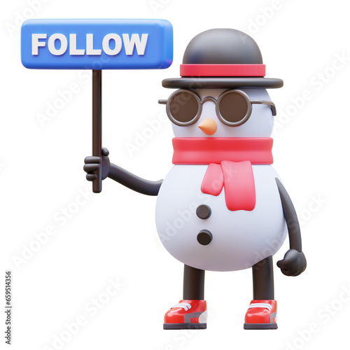 3D Snowman Character Holding Follow Sign