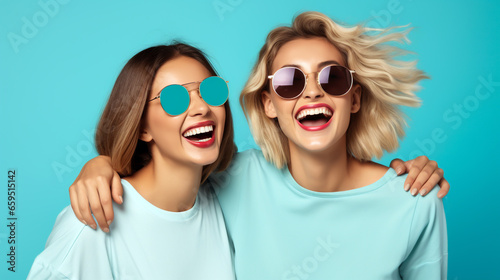 TWO LAUGHING GIRLS ENJOYING YOUTH, HORIZONTAL IMAGE. image created by legal AI © PETR BABKIN