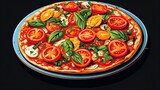  a pizza with tomatoes and basil on a blue and white plate.  generative ai