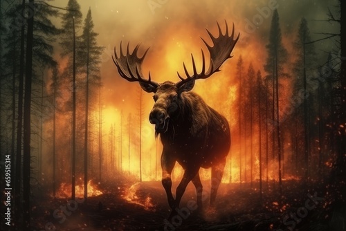 Moose with big antlers on the background of a forest fire © LAYHONG