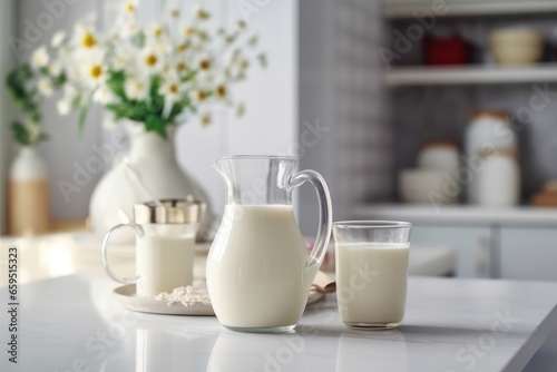 Jug and glass of milk on table in kitchen, closeup