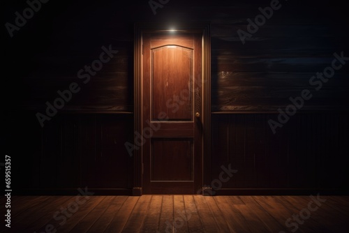 Wooden door in dark room with light.