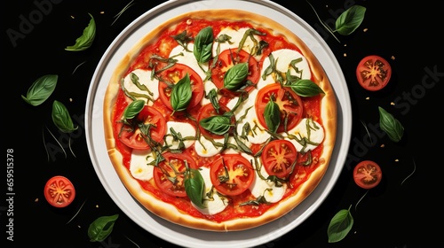  a pizza with tomatoes and mozzarella on a plate. generative ai