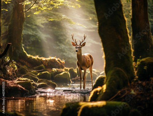 A peaceful deer standing in a tranquil forest clearing, captured in vintage style photography (v52).