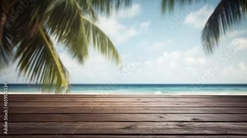 Dark wood floor top on blur tropical beach background  Advertisement  Print media  Illustration  Banner  for website  copy space  for word  template  presentation