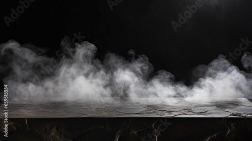 Empty black marble table with fog and smoke on a black background, Advertisement, Print media, Illustration, Banner, for website, copy space, for word, template, presentation