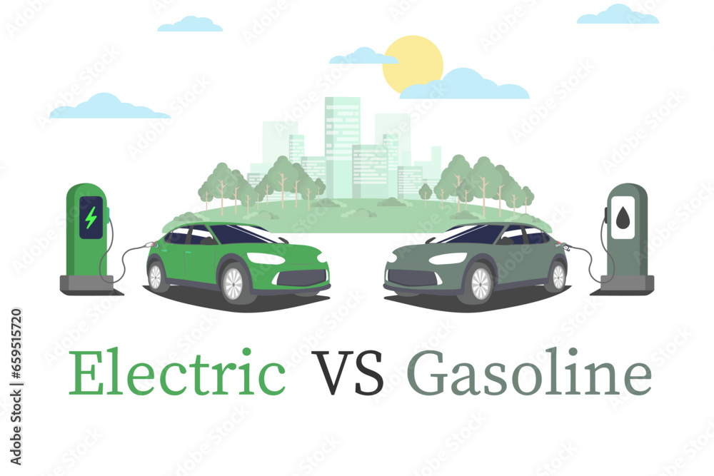 Concept of using electric vehicles and consuming green electricity. Engine type with socket as an eco-friendly and eco-friendly alternative to fuel vehicles vector illustration. Concept of using electric vehicles and consuming green electricity. Engine type with socket as an eco-friendly and eco-friendly alternative to fuel vehicles vector illustration.