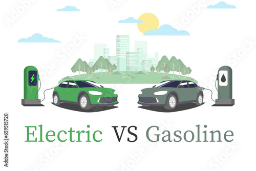 Fototapeta Naklejka Na Ścianę i Meble -  Concept of using electric vehicles and consuming green electricity. Engine type with socket as an eco-friendly and eco-friendly alternative to fuel vehicles vector illustration.