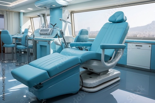 Modern dental office. Comfortable dental chair in a modern hospital. Medicine concept. Generative AI.