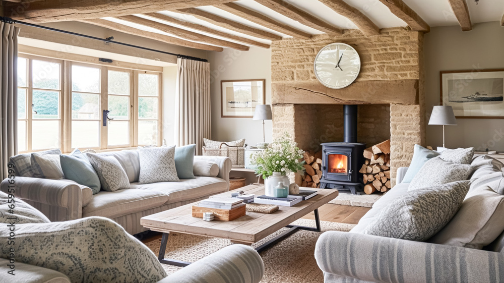 Cottage interior with modern design and antique furniture, home decor, sitting room and living room, sofa and fireplace in English country house and countryside style - obrazy, fototapety, plakaty 