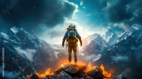 A man of faith with a backpack on top of a hill looking up at the sky and trusting his life to God Generative AI Illustration
