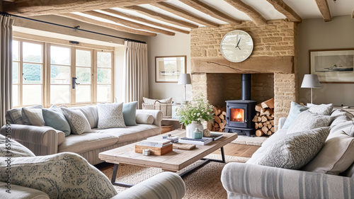 Cottage interior with modern design and antique furniture, home decor, sitting room and living room, sofa and fireplace in English country house and countryside style photo
