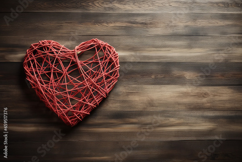Braided Heart of Red Yarn on a Wooden Background