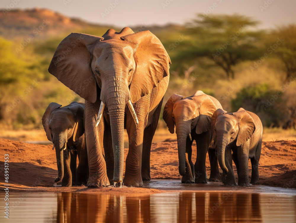 A serene moment captured in a scenic landscape as a family of elephants socialize at a watering hole.