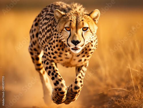  A powerful cheetah dashes through the vast African savannah  exuding strength and speed. 