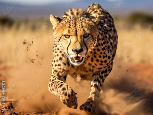 A stunning image of a cheetah showcasing its speed and agility in the savannah. © Szalai