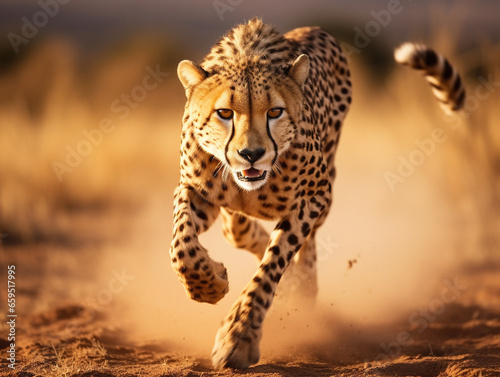 Cheetah sprinting through the savannah with its powerful stride and focused gaze, radiating wild beauty.