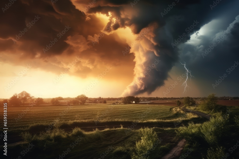 Tornado raging over a landscape. Storm over cornfield. Super cell wall cloud moving over the rural landscape during severe storm tornado warning