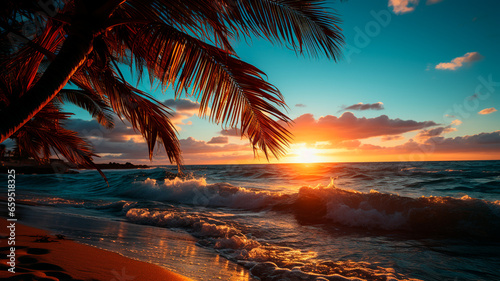 palm leaves at sunset in hawaii