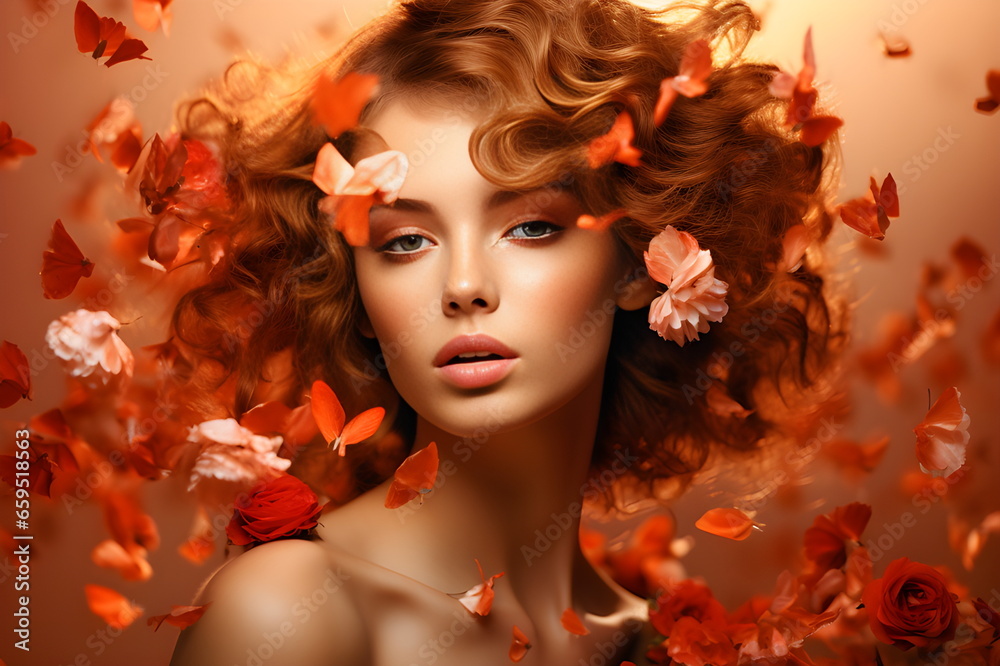 Fototapeta premium Portrait of a girl in orange tones. Clean skin Cosmetics advertising.