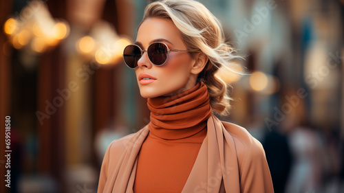 beautiful young woman in a stylish beige coat and glasses posing in autumn street. portrait of a fashionable blonde woman in a fashionable brown coat with a