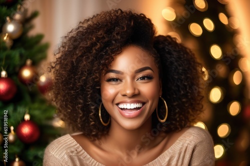 Close Up portrait smiling happy African American female laughing, looking at camera, posing on Christmas tree background at home, blogger shooting vlog, having fun
