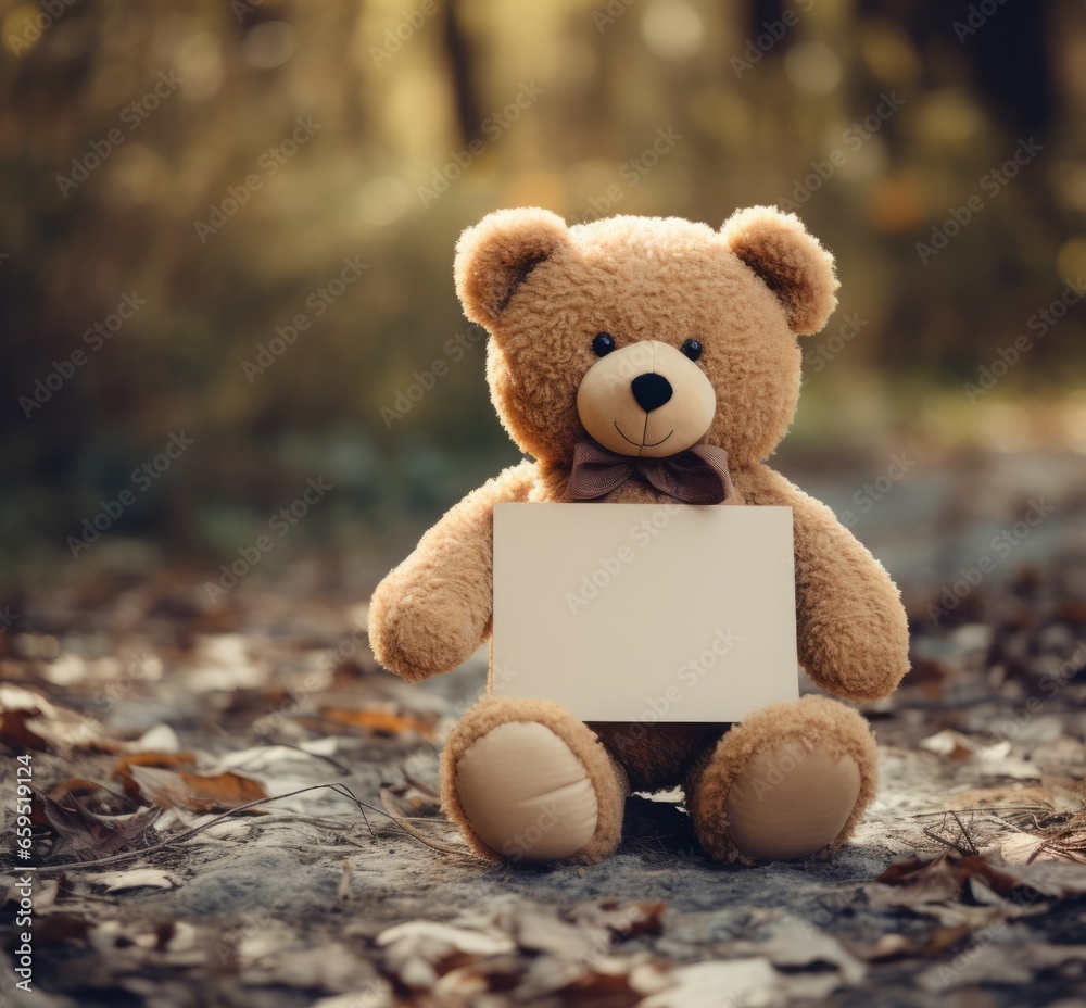 Little cute bear with ribbon around neck, blank paper with copy space. Valentine's Day, anniversary, Women's Day. Little cute bear with ribbon around neck, blank paper with copy space. Valentine's Day, anniversary, Women's Day.