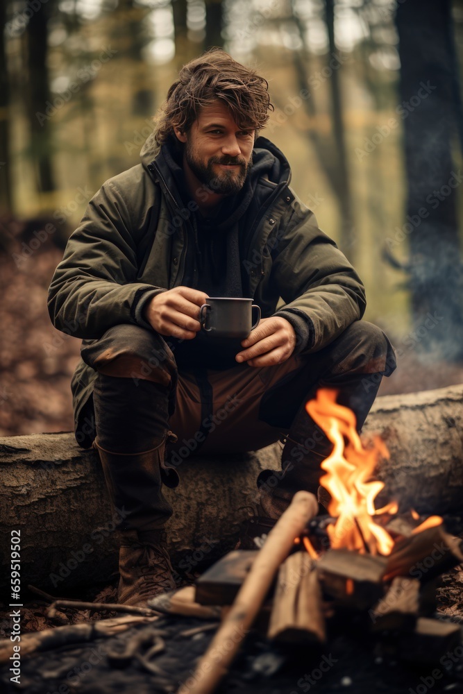 Middle aged Caucasian man brews coffee over a fire in the forest. Escape from the bustle of the big city. Travel, tourism and camping. Solitude in the forest with your thoughts.