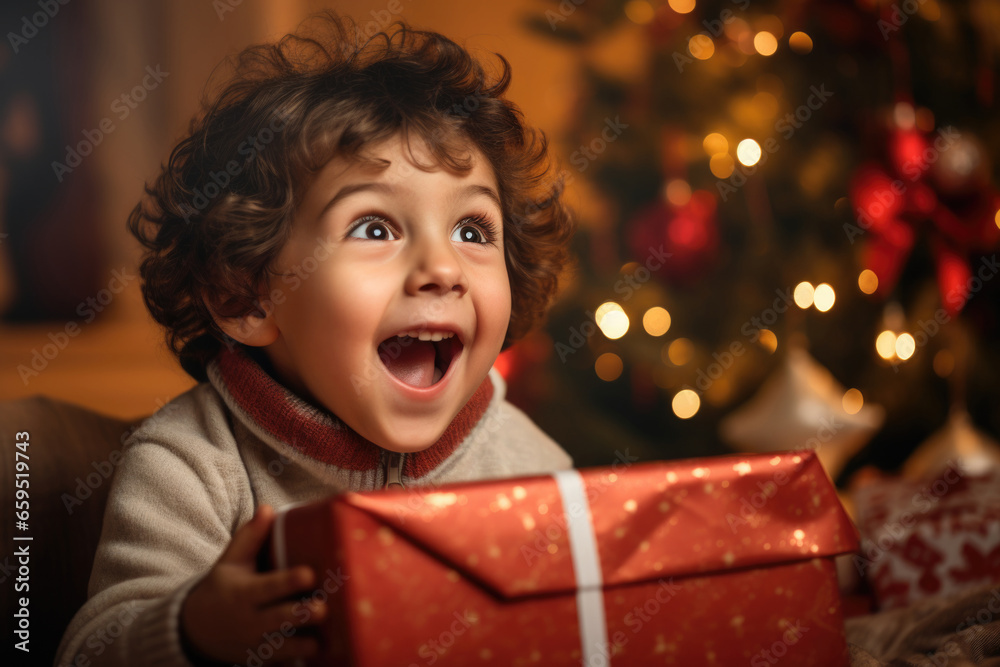 Happy surprised boy with gift box near Christmas tree Happy surprised boy with gift box near Christmas tree